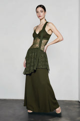 Lace Trim Sheer Waist Tie Cami Maxi Lace Dress