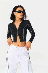 Lapel Neck Colorblock Trim Zip Up Long Sleeve Top