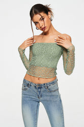 Off Shoulder Cut Out Crochet Splicing Long Sleeve Top