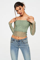 Off Shoulder Cut Out Crochet Splicing Long Sleeve Top