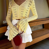 Hollow out Pleated Bell Sleeve Cardigan