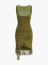 Ruched Asymmetrical Mesh Hem Dress