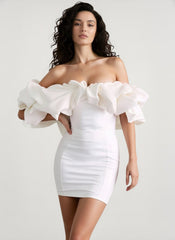 Waist Slimming Bodycon Off Shoulder Boned Ruffle Party Dress