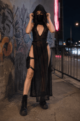 Attractive Rebel Net Hollow Hooded Full-Length Dress
