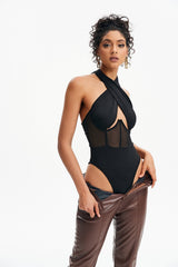 Crisscross Neck Mesh Splicing Boning Backless Bodysuit
