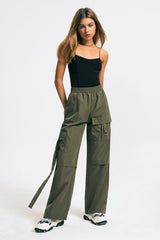 Flap Pocket Elastic Waist Solid Wide Leg Pants