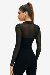Cut Out Tie Detail Mesh Splicing Bodysuit