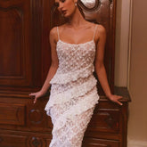 Suspender hollow Ladder Ruffle Long Dress