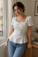Square Neck Bow Lace Short Sleeve Blouse