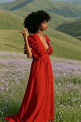 V Neck Ruffled High Waist Dress