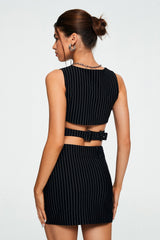 Striped Print Split Hem Buckled Detail Crop Top