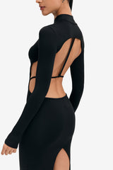 Mock Neck Open Back Split Hem Long Sleeve Midi Dress