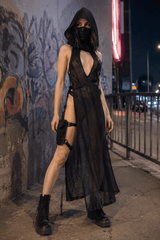 Attractive Rebel Net Hollow Hooded Full-Length Dress