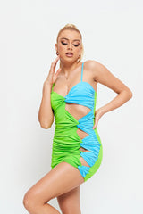 Colorblock Plunging Neck Cut Out Twist Front Mini Dress