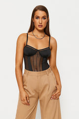 Plunging Neck Boning Mesh Bodysuit