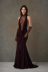 Lace Panel Halterneck Deep V Ruched Party Dress