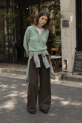 Green Wool Blend Crew Neck Knit Cardigan