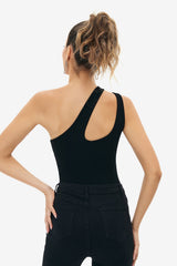 One Shoulder Cut Out Solid Bodysuit