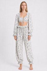 Floral Tie Front Square Neck Ruffled Cropped Top Low Waist Jogger Pants Two Piece Set