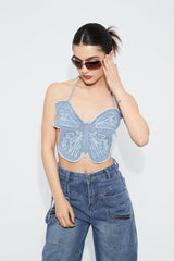 Raw Hem Butterfly Halter Neck Tie Detail Corset Top