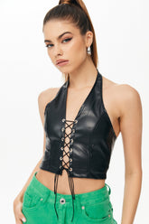 Lace Up Halter Neck PU Leather Crop Top