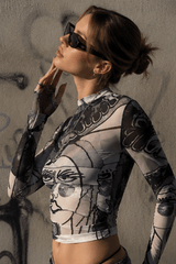 Sexy Sheer Mesh Print Round Neck Long Sleeve Blouse