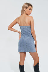 Off Shoulder Raw Hem Cinched Waist Denim Dress