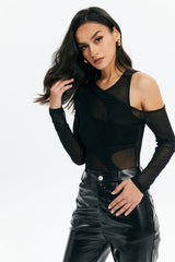 Mesh Cut Out Long Sleeve Solid Bodysuit