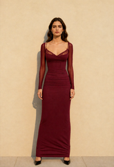 Mesh Lace Patchwork Boned Fitted High Slit Elegant Maxi Dress