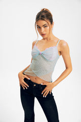 Lace Trim Polka Dot Cross Hem Mesh Crop Top