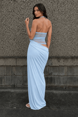 3D Floral Patchwork Halter Slim Cutout Waist Maxi Dress