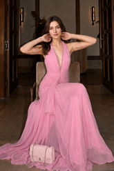 Sweet V Neck Halter Ruched Mesh Maxi Dress