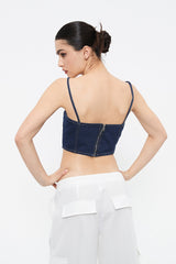 Top-stitching Curved Hem Denim Corset Top