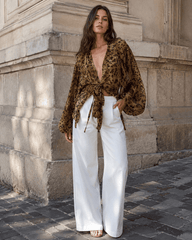 Y2K Leopard Front Tie Blouse