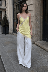 Lace Trim Patchwork Low Cut Asymmetrical Slit Cami Top