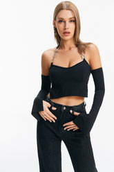 Chain Detail Slit Cuff Backless Crop Top