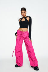 Drawstring Waist Pocket Patched Parachute Pants