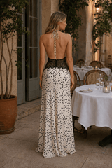 Polka Dot Lace Patchwork Deep V Backless Ruched Elegant Maxi Dress