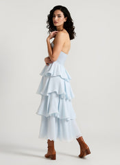 Fashion Strapless Backless Ruffle Tiered Midi Dress