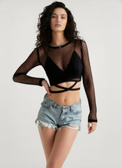 Crisscross Tie Mesh Sheer Cutout Crop Top