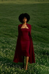 Cape Long Sleeve Back Slit Midi Dress