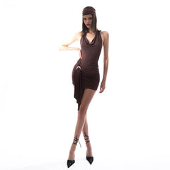 Heart Detail Cowl Neck Mini Dress in Brown