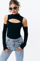 Off Shoulder Cut Out Solid Bodysuit