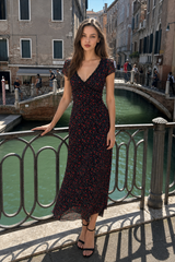Black Rose V Neck Slim Fitted Bodycon Floral Dress