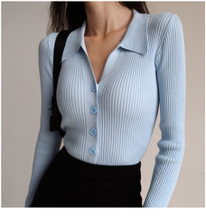 Button Up V-Neck Collar Long Sleeve Rib Knit Top