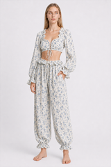 Floral Tie Front Square Neck Ruffled Cropped Top Low Waist Jogger Pants Two Piece Set