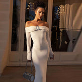 Long Sleeve Bardot Neckline Midi Dress