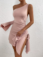 Asymmetric Single Sleeve Mini Dress in Dark Pink