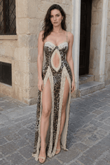 Lace Trim Printed Slit Cami Maxi Dress