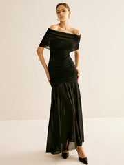 Pleated Mesh Tube Dress With Shawl